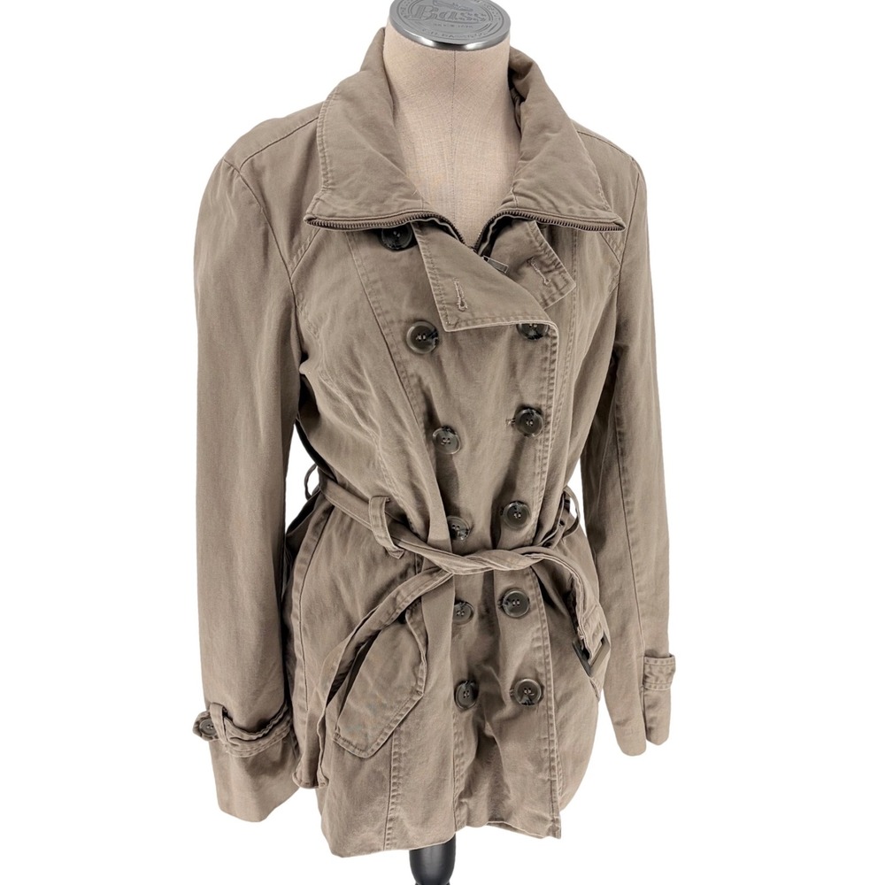 Kenneth Cole Reaction Trench Coat M Taupe Double Breasted Belted Funnel Neck